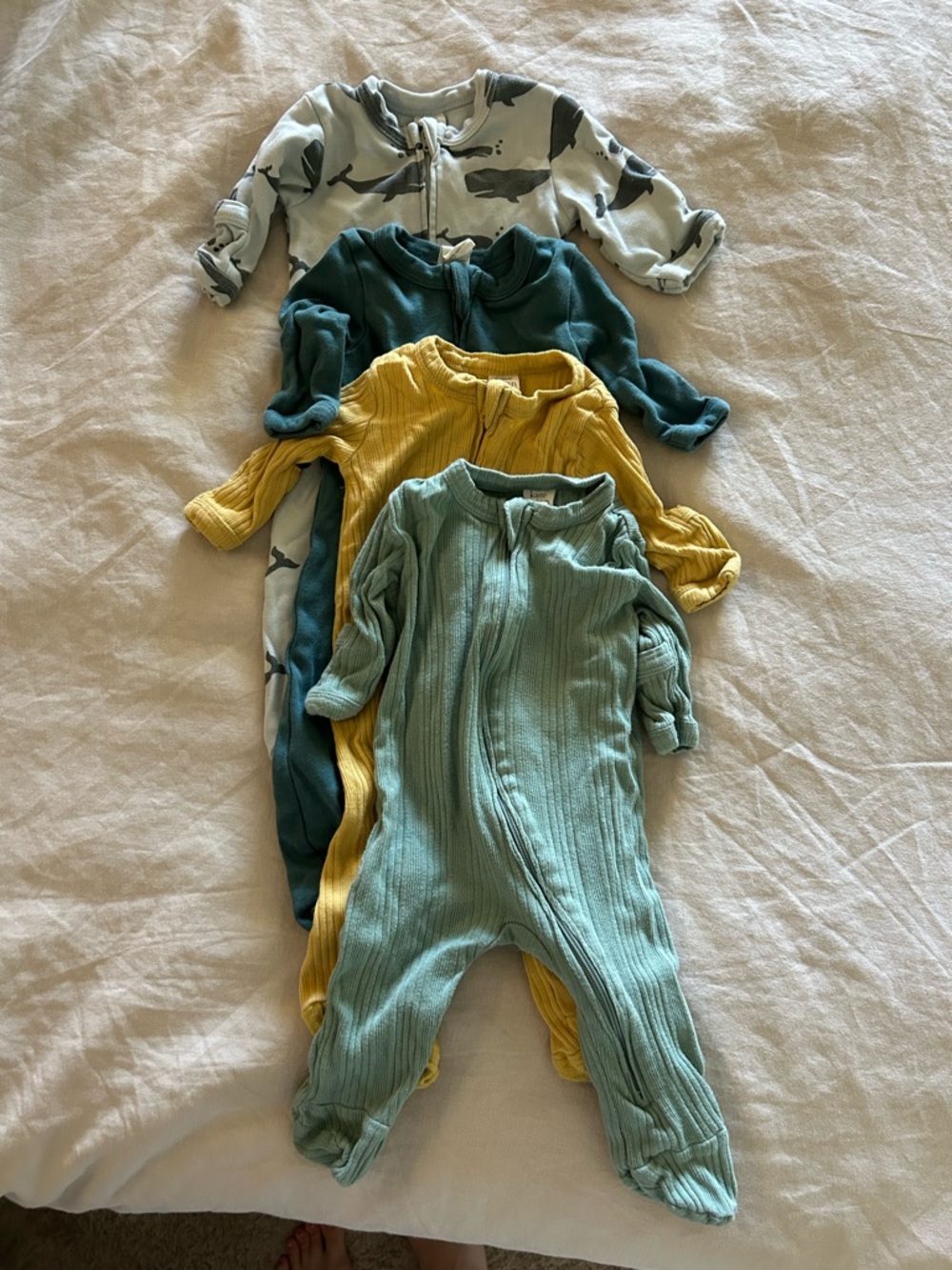 Kate Quinn Zip Front Footies - Mint, Mustard, Teal, Cream, and Whale Print